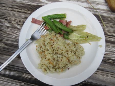 rice with beet green, sugar snap peas and roasted fennel